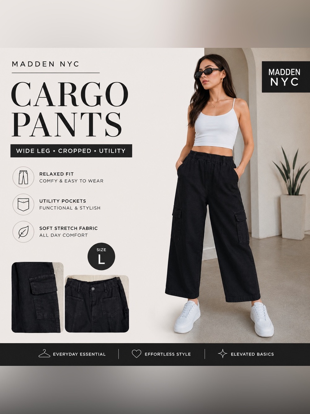 Madden NYC Black Wide Leg Cargo Pants Large Elastic Waist Cropped Utility Pants